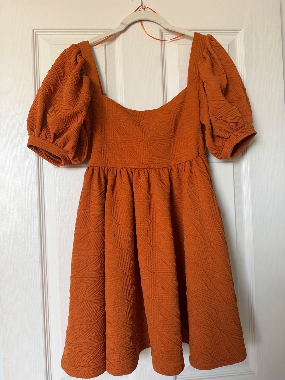 Free People Orange Puff-Sleeve Textured Mini Dress
